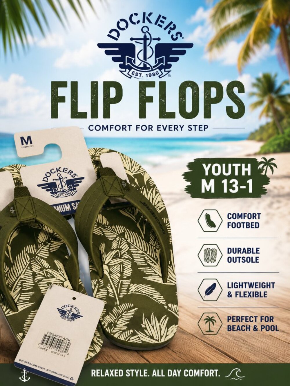 Dockers Premium Flip Flops Green Tropical Palm Print Youth M 13-1 Sandals